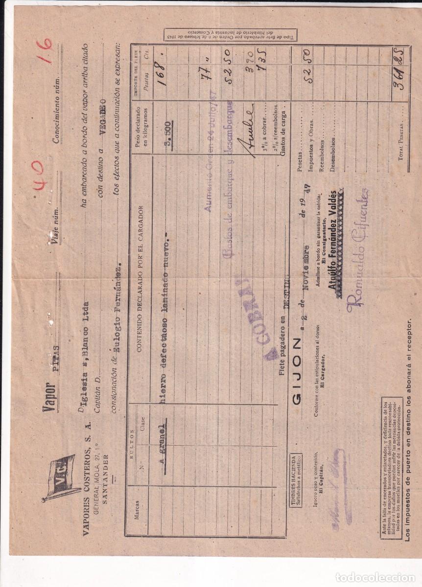 L&iacute;neas de navegaci&oacute;n: Conocimiento de embarque. Vapores costeros Gij&oacute;n a Vegadeo. Romualdo Cifuentes 1947