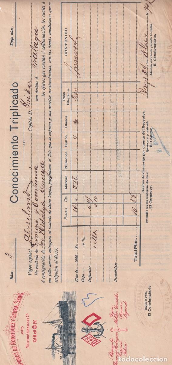 L&iacute;neas de navegaci&oacute;n: Conocimiento de embarque. Vapores Rodriguez y Cerra. Gij&oacute;n Vigo M&aacute;laga 1907