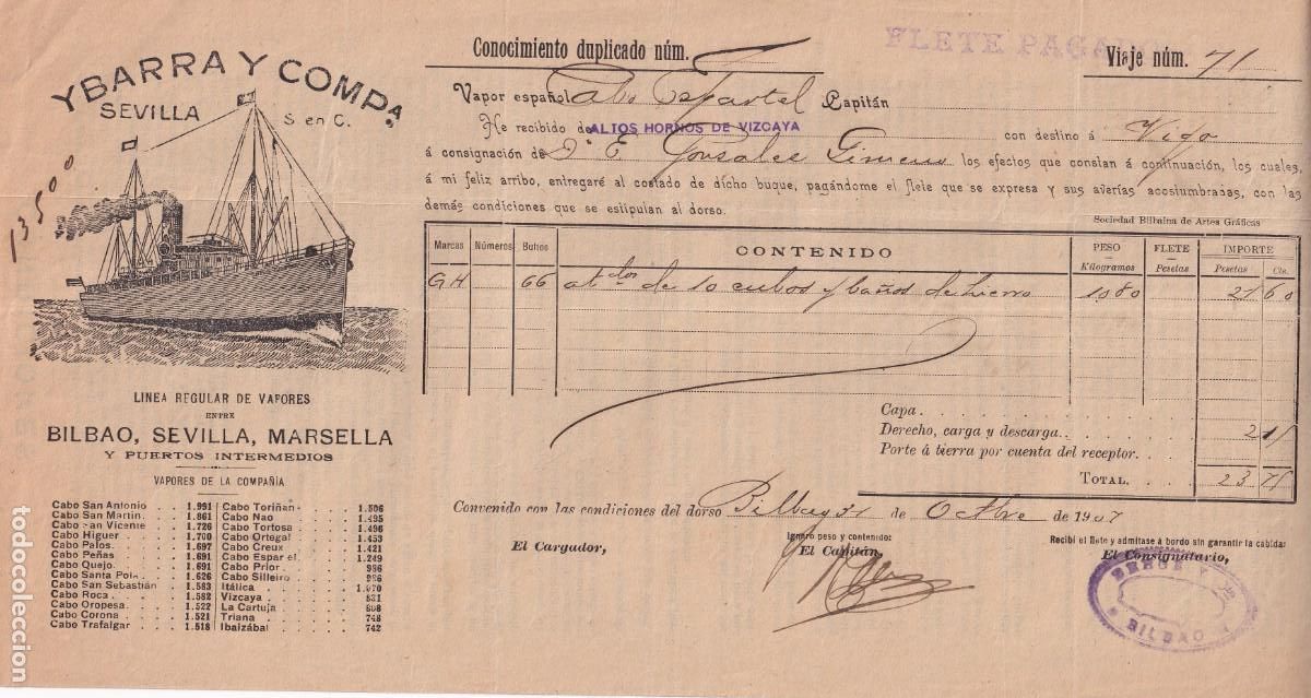 L&iacute;neas de navegaci&oacute;n: Conocimiento de embarque. Ybarra Sevilla. Altos Hornos de Vizcaya. De Bilbao a Vigo 1907