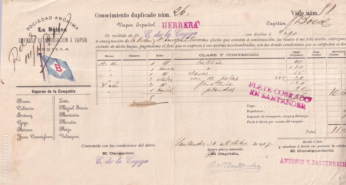L&iacute;neas de navegaci&oacute;n: Conocimiento de embarque. Sociedad an&oacute;nima la B&eacute;tica. Vapor Herrera Santander a Vigo 1907