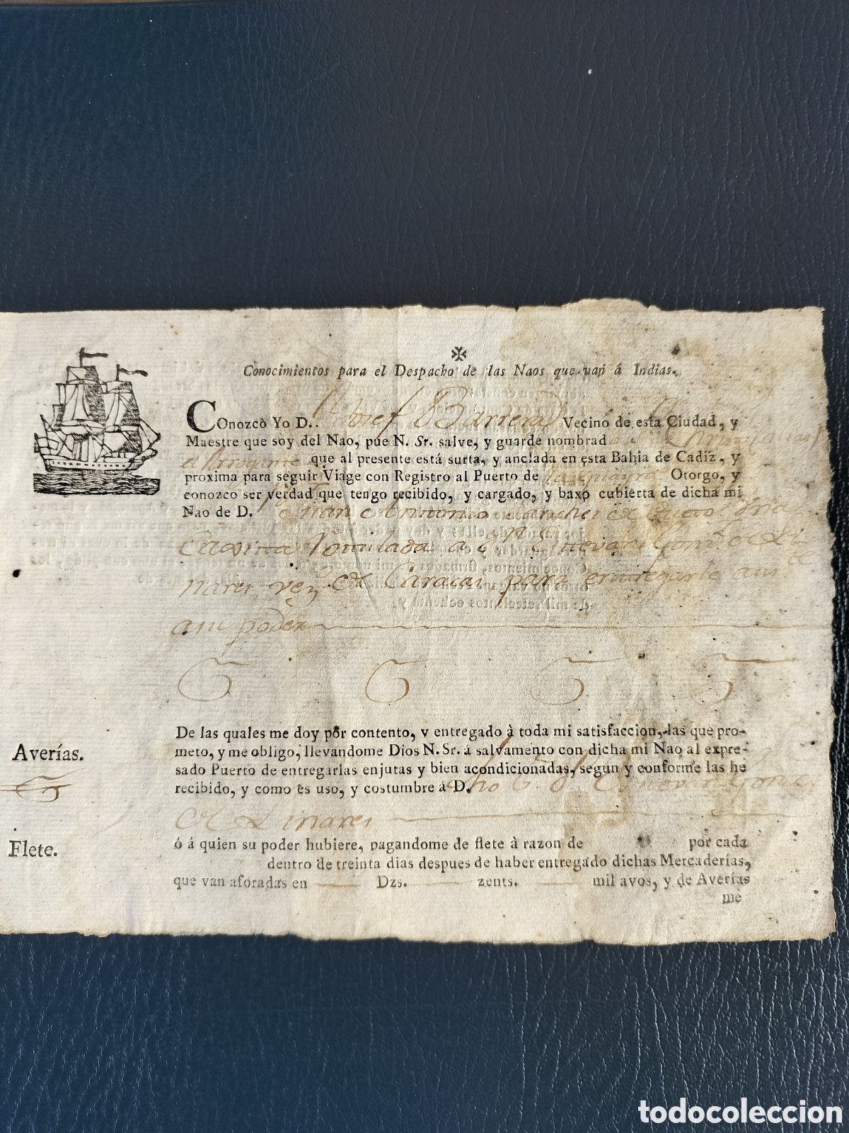 L&iacute;neas de navegaci&oacute;n: Conocimiento de Embarque. Nav&iacute;o El Arrogante. De C&aacute;diz a La Guayra. 1789.