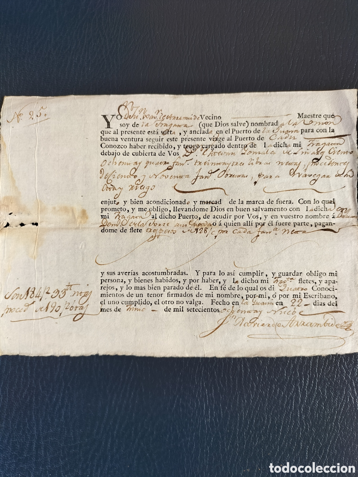 L&iacute;neas de navegaci&oacute;n: Conocimiento de Embarque. Fragata La Uni&oacute;n. De La Guayra a C&aacute;diz. 1789.