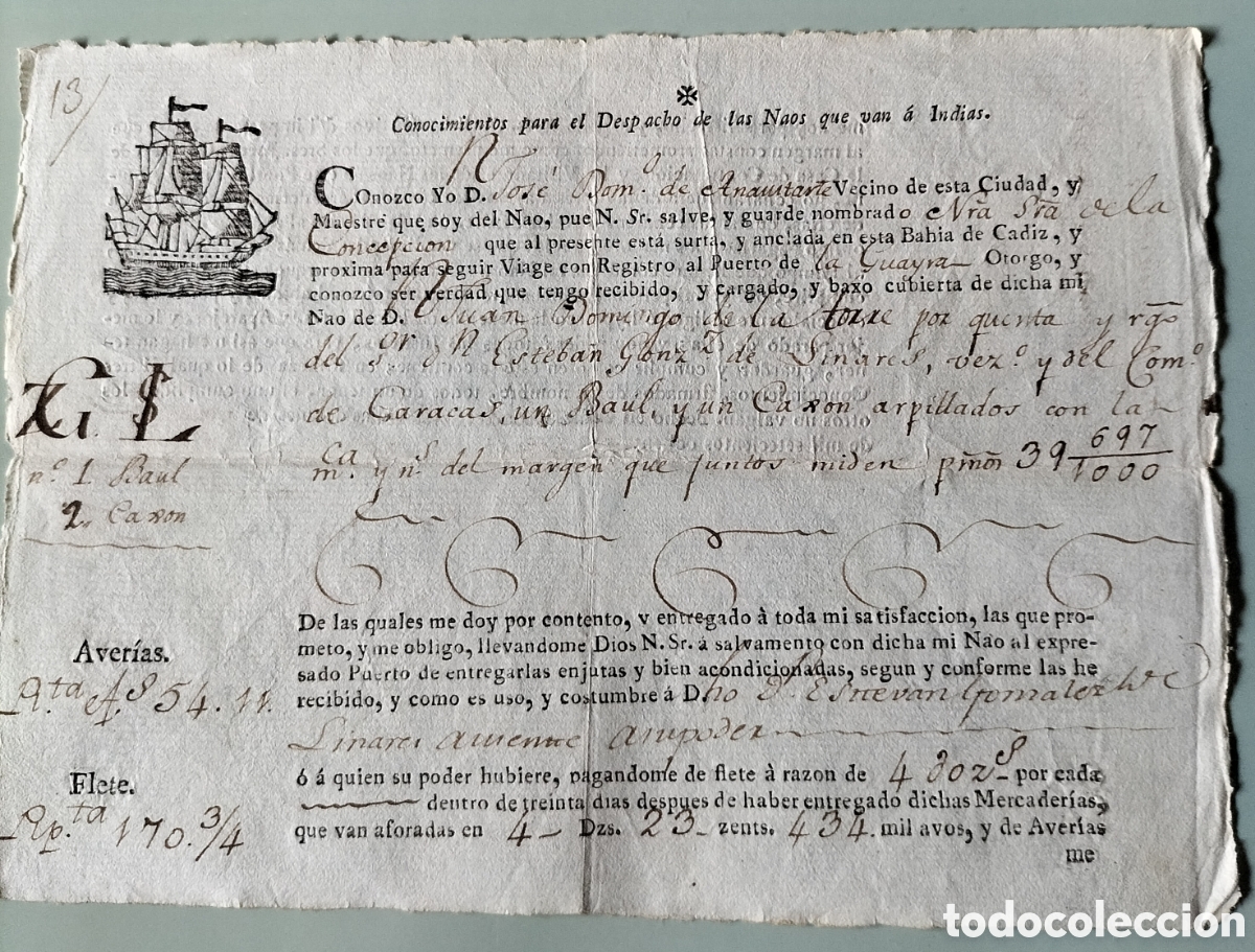 L&iacute;neas de navegaci&oacute;n: Conocimiento de Embarque con Factura desde Sanl&uacute;car de Barrameda al de La Guayra. 1789.