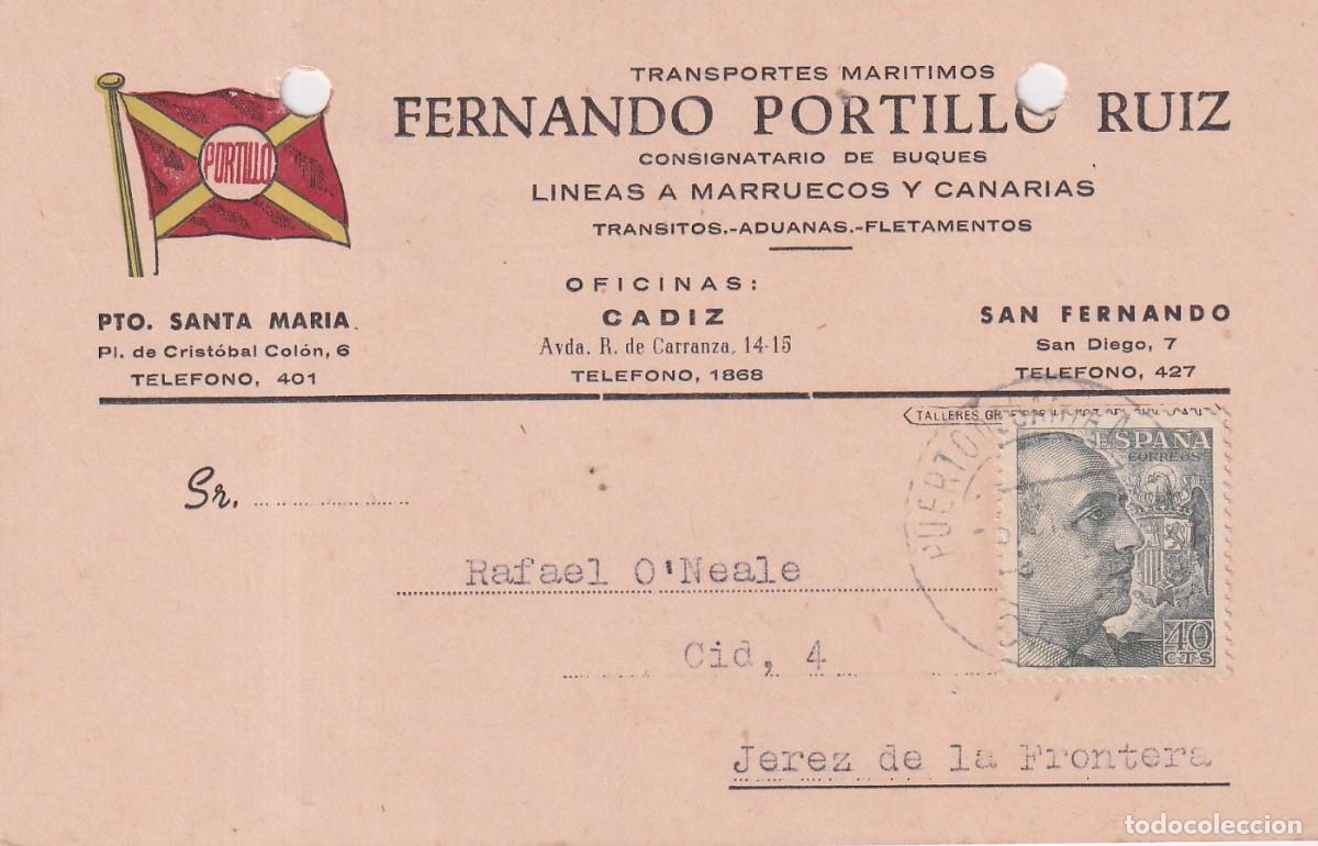 L&iacute;neas de navegaci&oacute;n: PUERTO DE SANTA MARIA - FERNANDO PORTILLO RUIZ - TARJETA AVISO DE SALIDA DE BARCO -PRINCIPIO A&Ntilde;OS 50