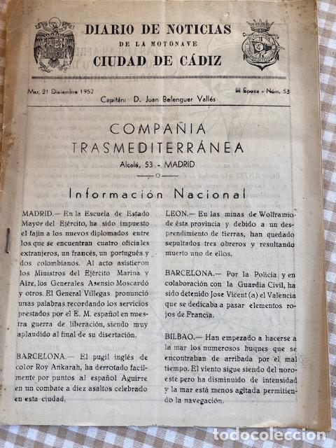L&iacute;neas de navegaci&oacute;n: Transmediterranea. 1952. Motonave Ciudad de C&aacute;diz. Diario de Noticias. N&ordm; 53.