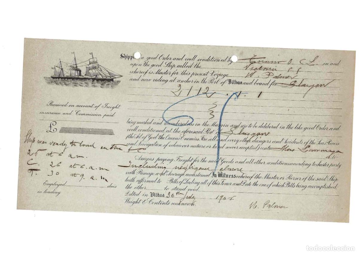Linhas de navega&ccedil;&atilde;o: CONOCIMIENTO DE EMBARQUE PUERTO DE BILBAO A GLASGOW. A&Ntilde;O 1905