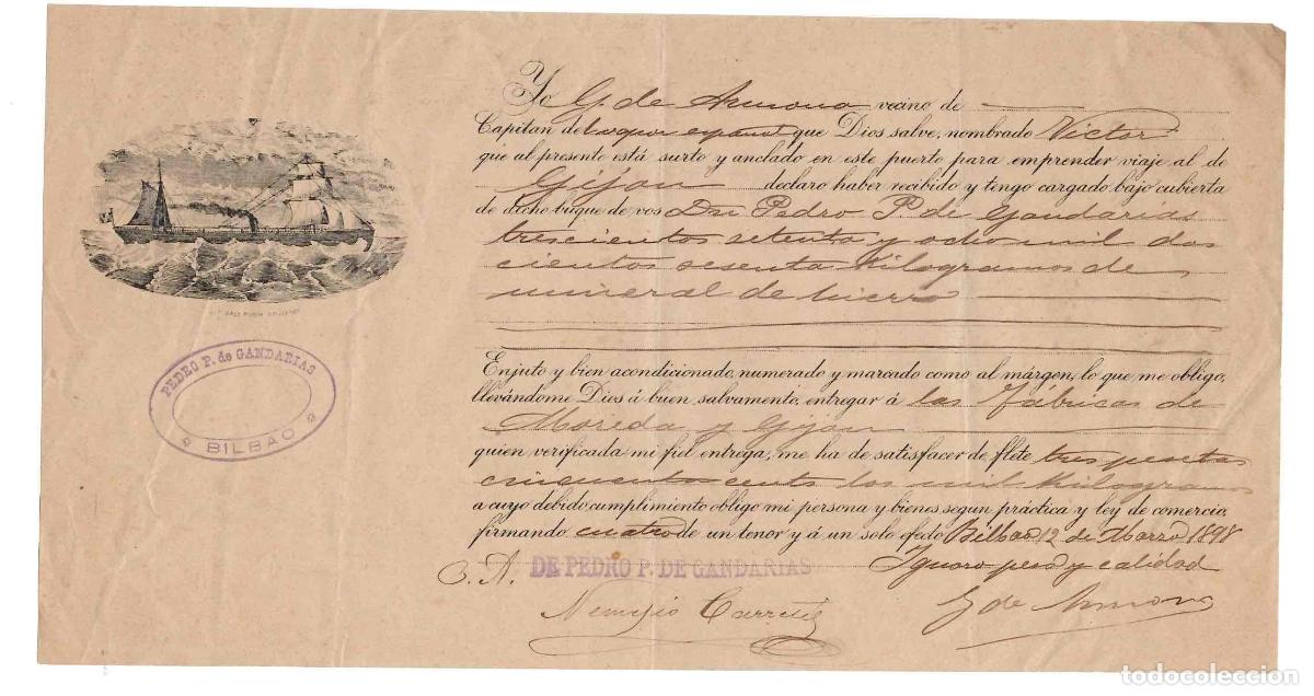 Linhas de navega&ccedil;&atilde;o: CONOCIMIENTO DE EMBARQUE PUERTO DE BILBAO A GIJON. A&Ntilde;O 1898