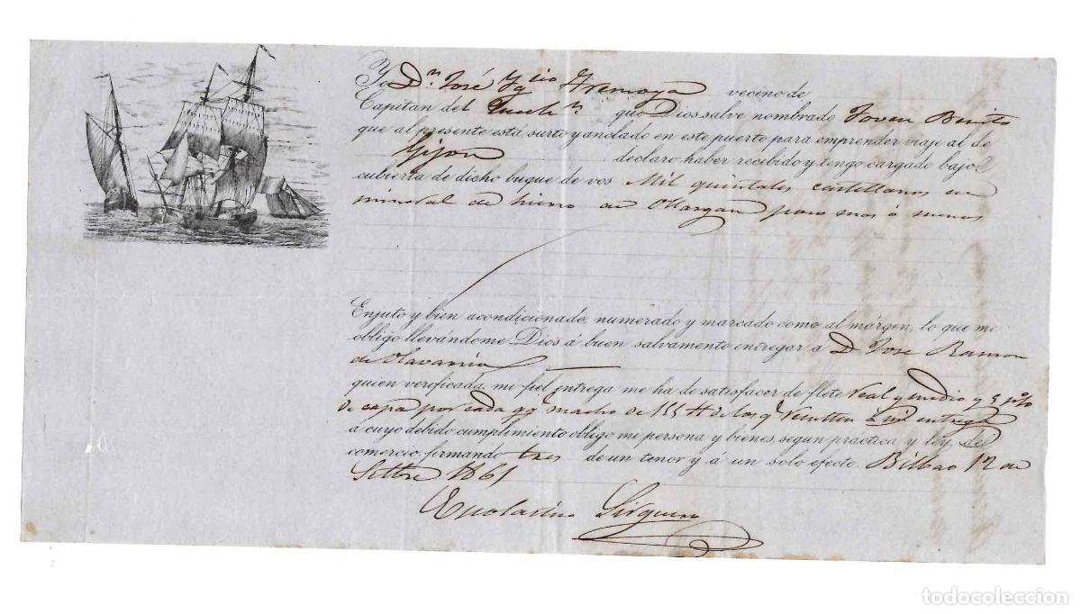 L&iacute;neas de navegaci&oacute;n: CONOCIMIENTO DE EMBARQUE PUERTO DE BILBAO A GIJON. A&Ntilde;O 1861