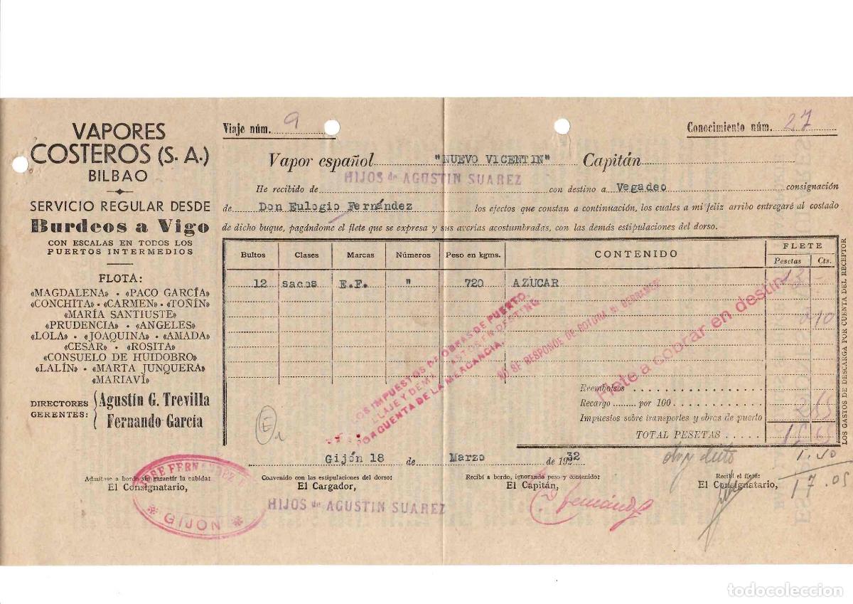 L&iacute;neas de navegaci&oacute;n: CONOCIMIENTO DE EMBARQUE PUERTO DE GIJON A VEGADEO, A&Ntilde;O 1932