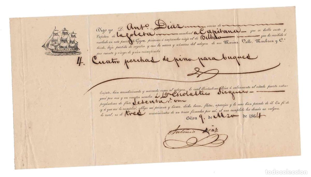 L&iacute;neas de navegaci&oacute;n: CONOCIMIENTO DE EMBARQUE PUERTO DE GIJON A BILBAO, A&Ntilde;O 1864