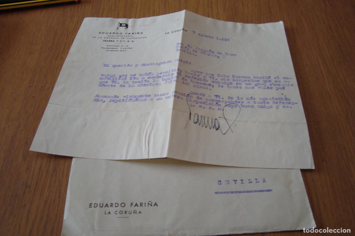 L&iacute;neas de navegaci&oacute;n: ANTIGUA CARTA EDUARDO FARI&Ntilde;A. CONSIGNATARIO NAVEGACION YBARRA Y CIA. CORU&Ntilde;A 1956. CABO CORONA