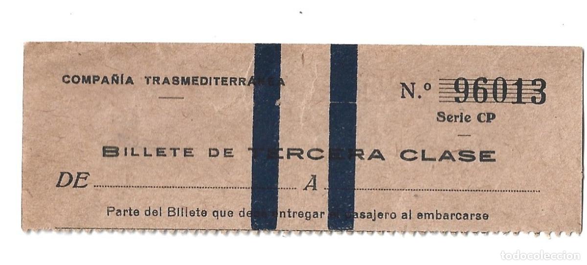 L&iacute;neas de navegaci&oacute;n: LINEAS DE NAVEGACION-COMPA&Ntilde;IS TRASMEDITERRANEA-BILLETE DE TERCERA CLASE-PARTE DEL BILLETE PASAJERO