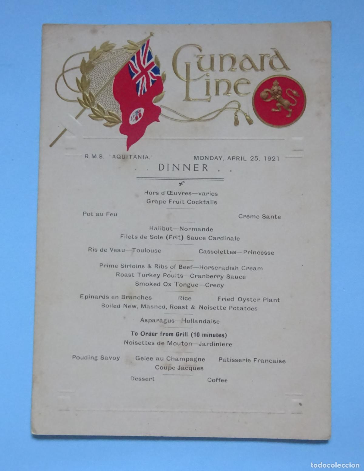L&iacute;neas de navegaci&oacute;n: MEN&Uacute; DE CENA. CUNARD LINE. R.M.S. AQUITANIA. MONDAY, APRIL 25, 1921