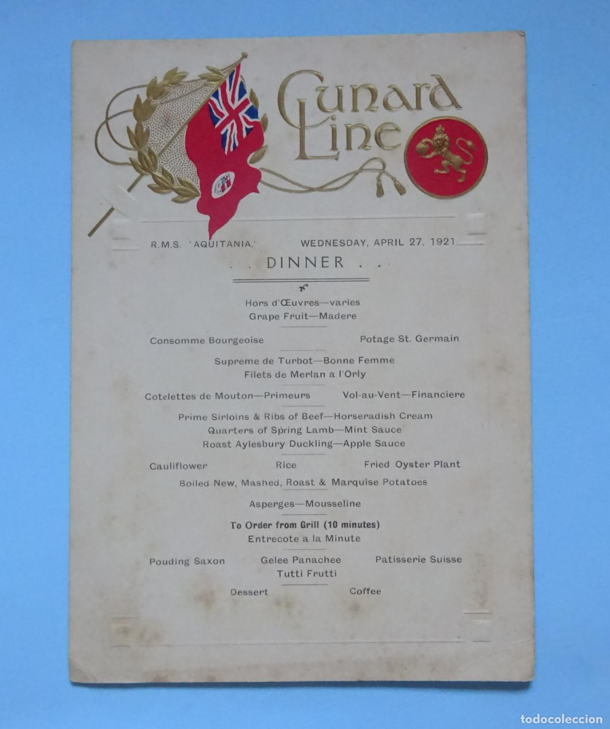 Linee di navigazione: MEN&Uacute; DE CENA. CUNARD LINE. R.M.S. AQUITANIA. WEDNESDAY, APRIL 27, 1921