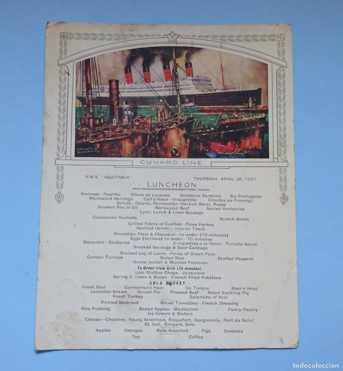 Linhas de navega&ccedil;&atilde;o: MEN&Uacute; DEL ALMUERZO. CUNARD LINE. R.M.S. AQUITANIA. THURSDAY, APRIL 28, 1921