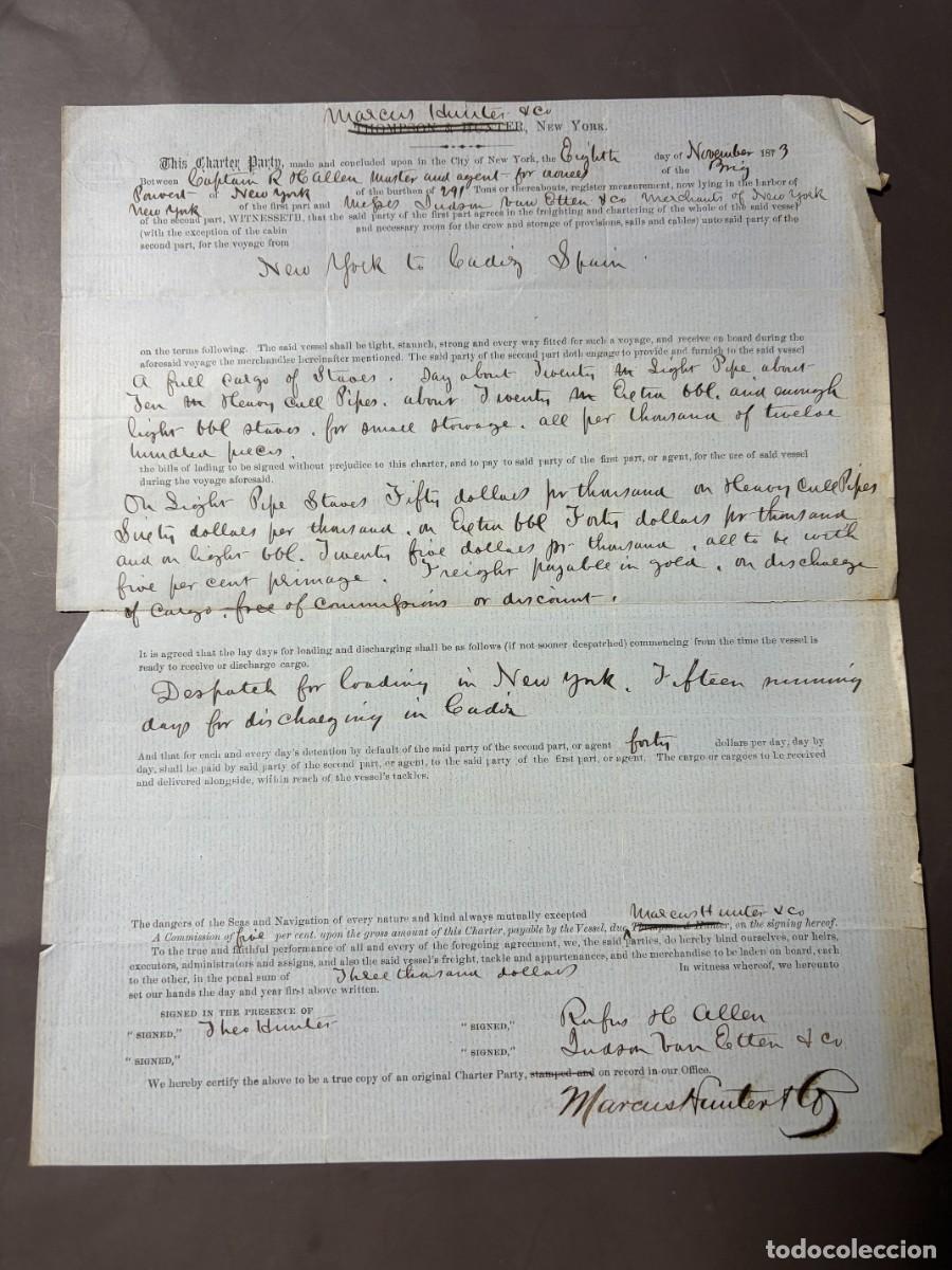 Navigation Lines: P&Oacute;LIZA DE FLETAMENTO BERGANT&Iacute;N RAVEN &ndash; NUEVA YORK-C&Aacute;DIZ &ndash; CARGAMENTO DE DUELAS &ndash; 1873