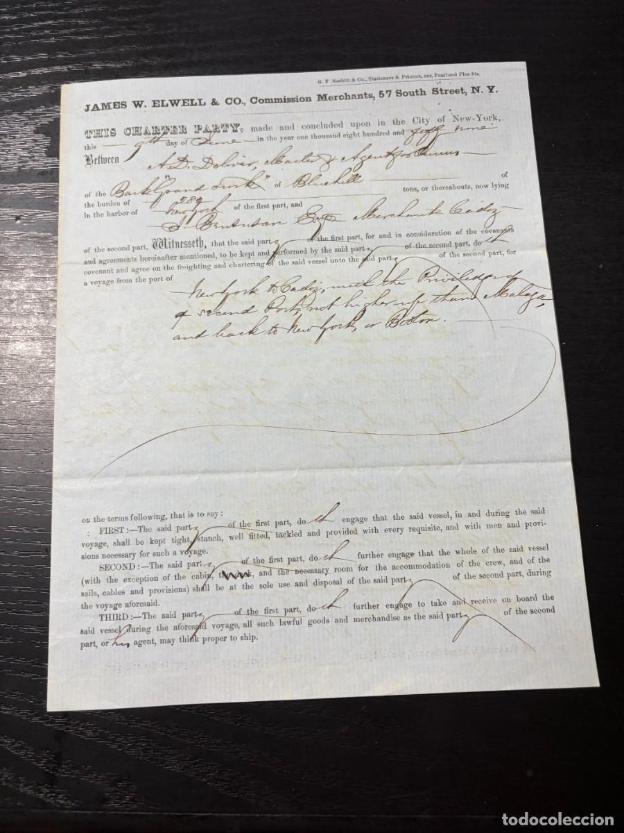 L&iacute;neas de navegaci&oacute;n: P&Oacute;LIZA DE FLETAMENTO BRICBARCA FRANK &ndash; NUEVA YORK-C&Aacute;DIZ Y REGRESO &ndash; J. BENSUSAN &ndash; 1859