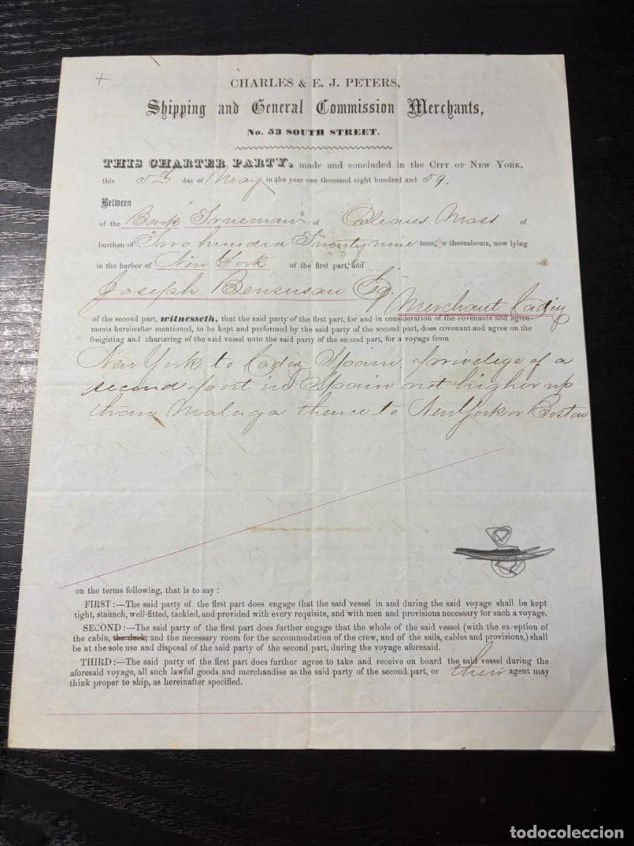 L&iacute;neas de navegaci&oacute;n: P&Oacute;LIZA DE FLETAMENTO BARCO IMMANUEL &ndash; NUEVA YORK-C&Aacute;DIZ Y REGRESO &ndash; J. BENSUSAN &ndash; 1859