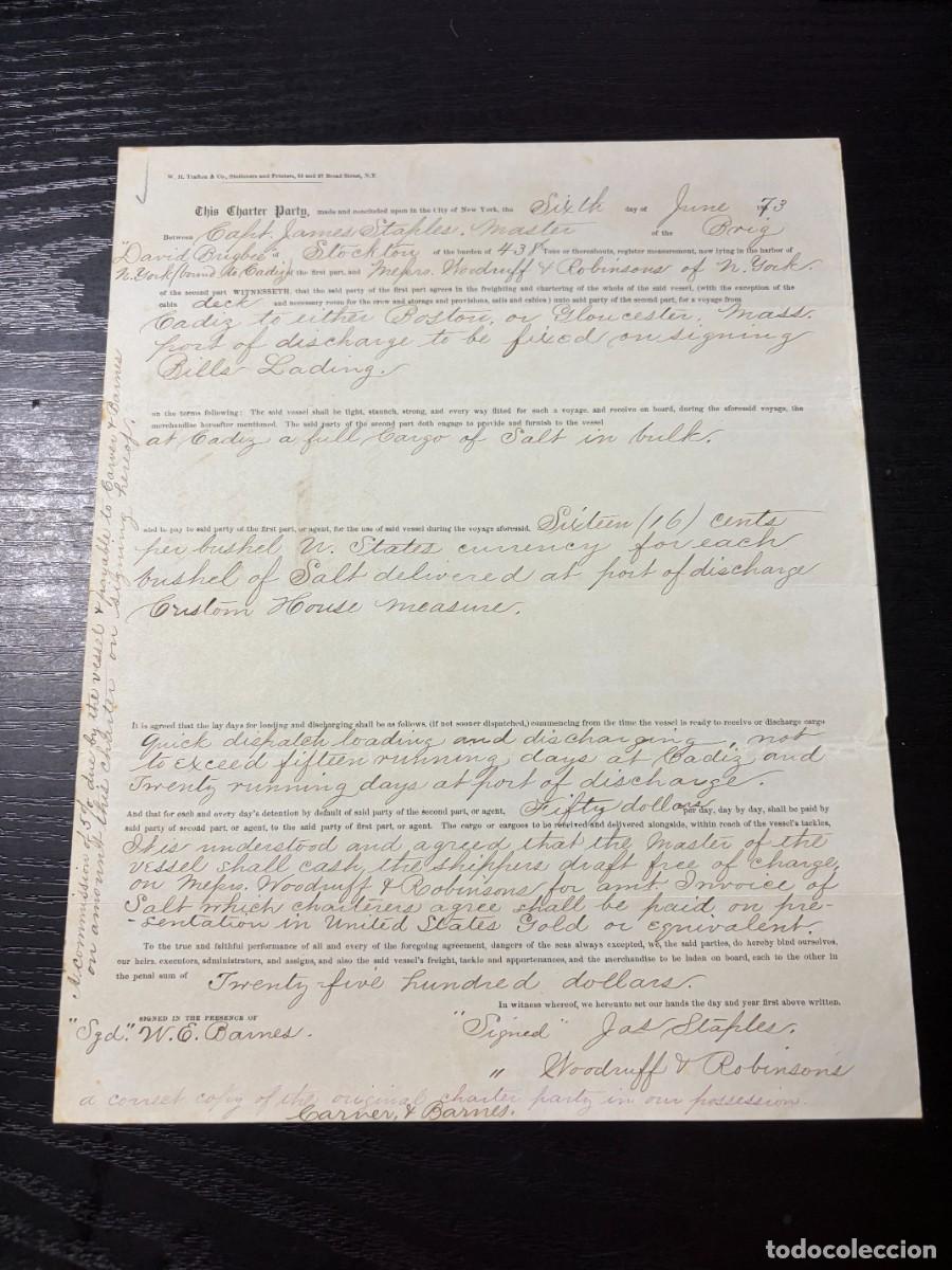 L&iacute;neas de navegaci&oacute;n: P&Oacute;LIZA DE FLETAMENTO BERGANT&Iacute;N DAVID BUGBEE &ndash; C&Aacute;DIZ-BOSTON/GLOUCESTER &ndash; SAL &ndash; 1873