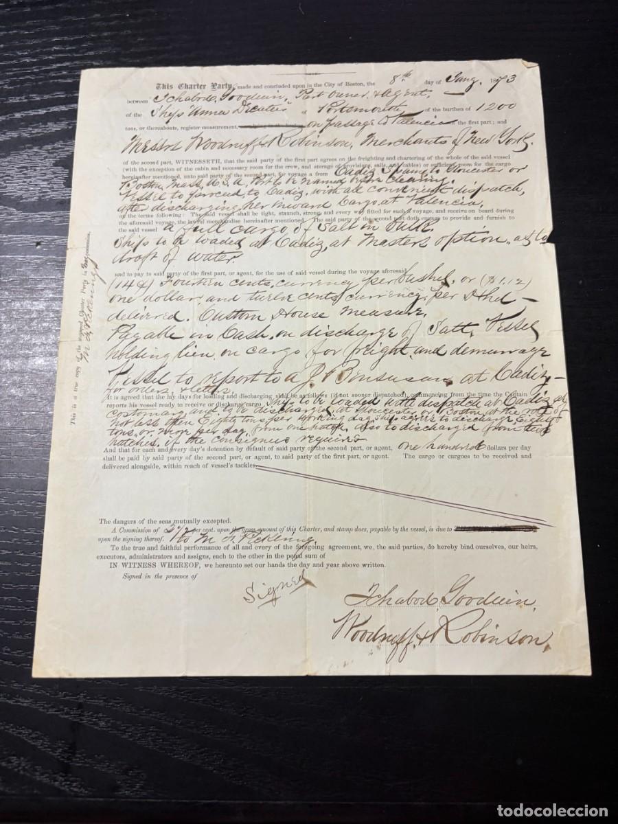 L&iacute;neas de navegaci&oacute;n: P&Oacute;LIZA DE FLETAMENTO BARCO ANNE DECATUR &ndash; C&Aacute;DIZ-EEUU &ndash; CARGAMENTO DE SAL &ndash; 1873