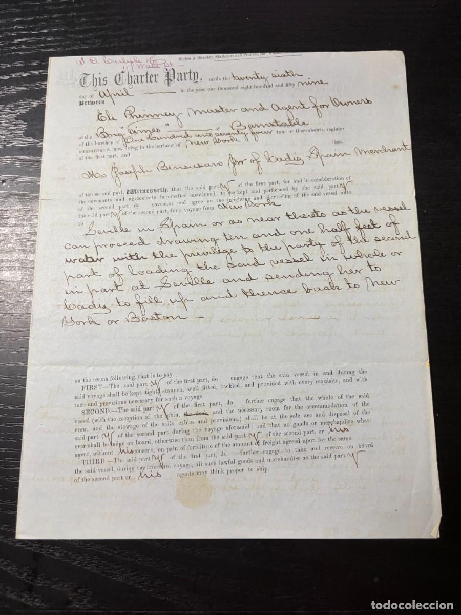 L&iacute;neas de navegaci&oacute;n: P&Oacute;LIZA DE FLETAMENTO BERGANT&Iacute;N VINNES &ndash; NUEVA YORK-SEVILLA &ndash; DUELAS Y SAL &ndash; 1859