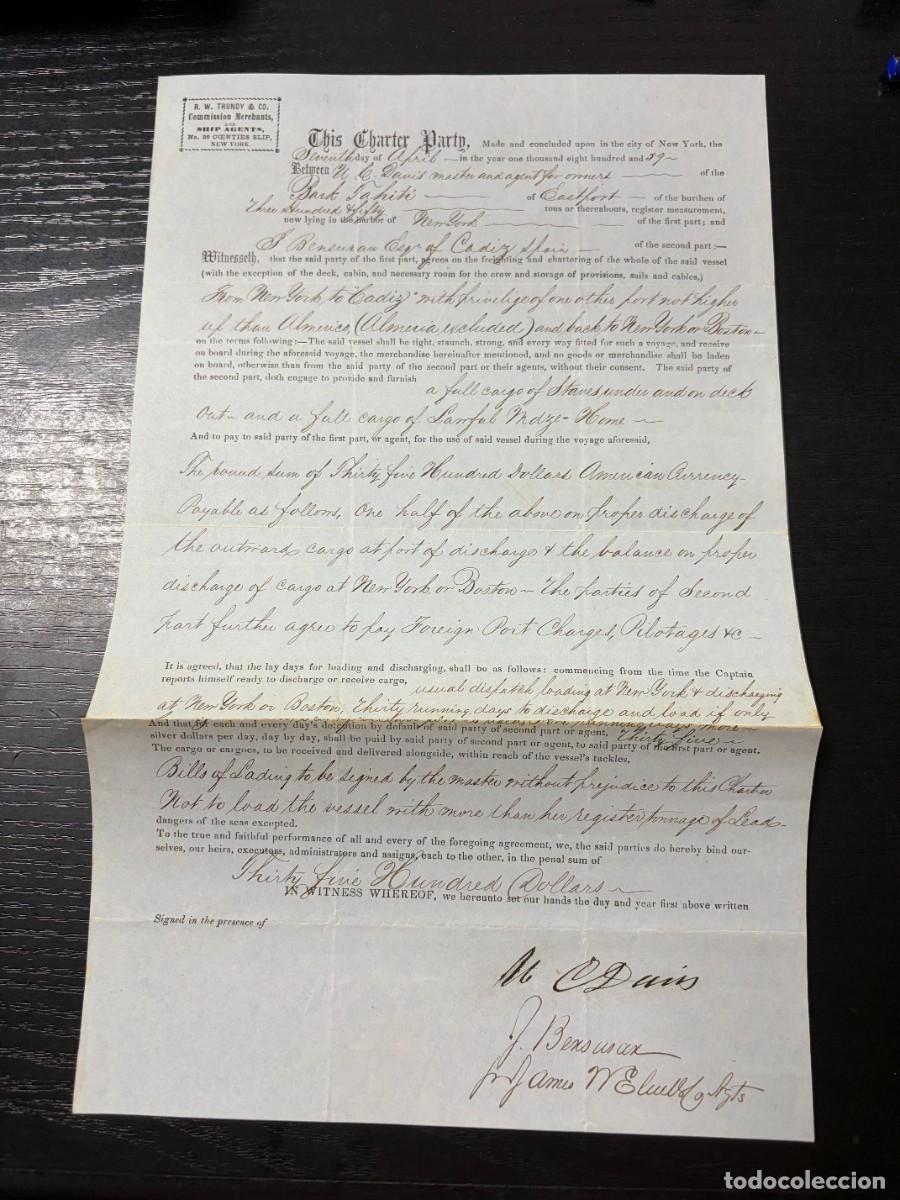 Schiffsfahrpl&auml;ne: P&Oacute;LIZA DE FLETAMENTO BARCO TAHITI &ndash; NUEVA YORK-C&Aacute;DIZ Y REGRESO &ndash; J. BENSUSAN &ndash; 1859