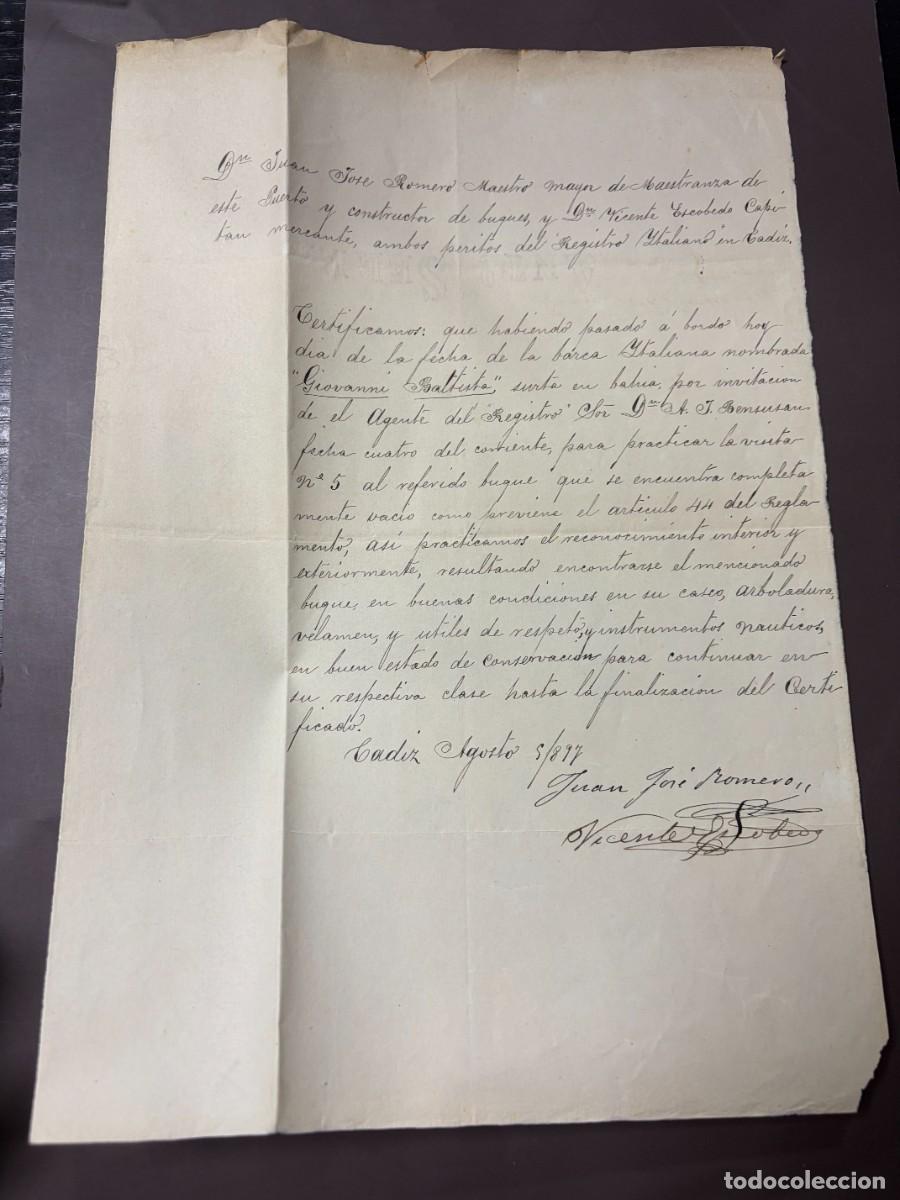 L&iacute;neas de navegaci&oacute;n: CERTIFICADO MAR&Iacute;TIMO BARCA ITALIANA GIOVANNI BATTISTA &ndash; C&Aacute;DIZ 1897 &ndash; PERITOS NAVALES