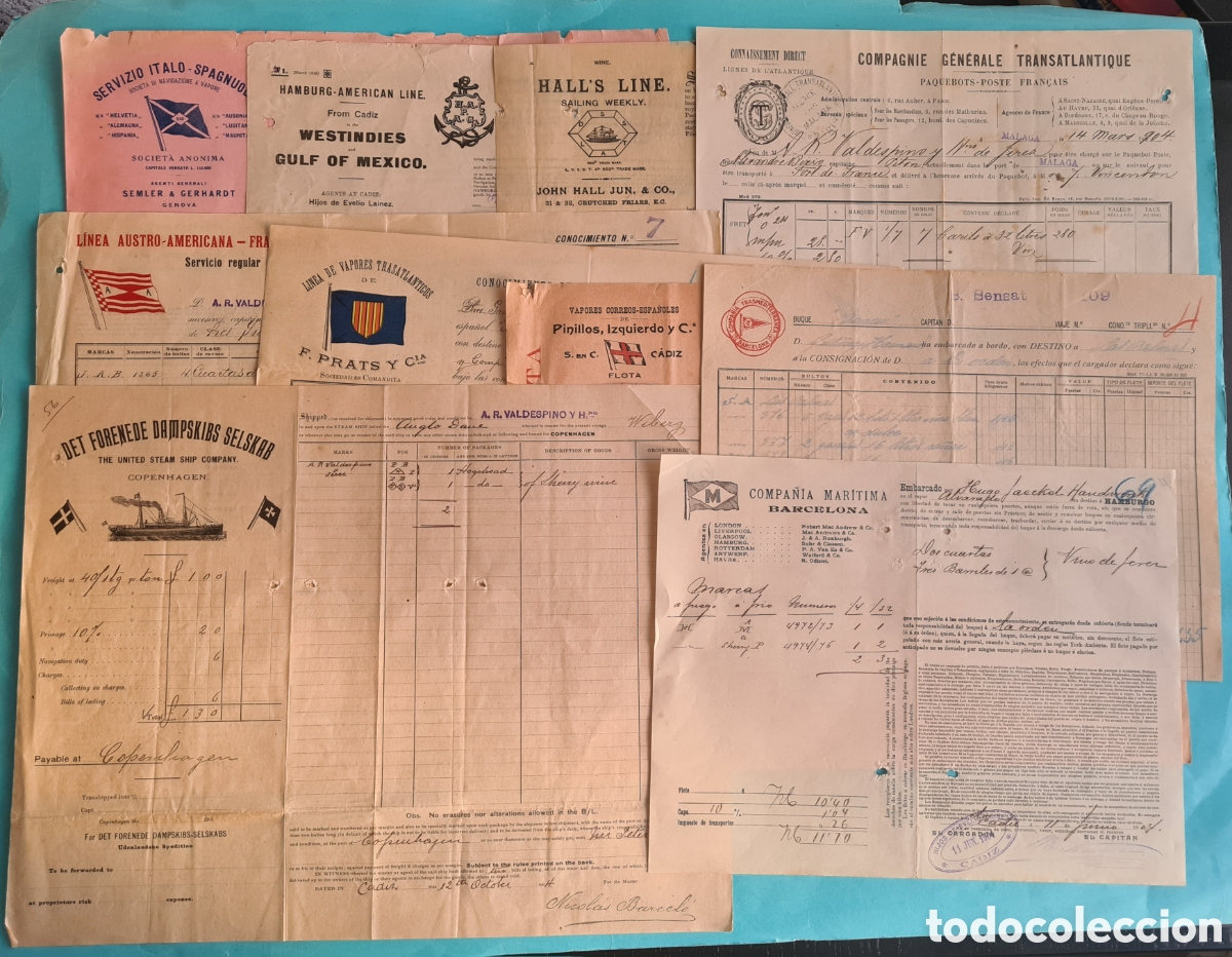 L&iacute;neas de navegaci&oacute;n: LOTE 7 CONOCIMIENTOS DE EMBARQUE - DISTINTOS BARCOS VAPORES VINUESA SEVILLA - A&Ntilde;OS 1904 (4) 1911 (3)