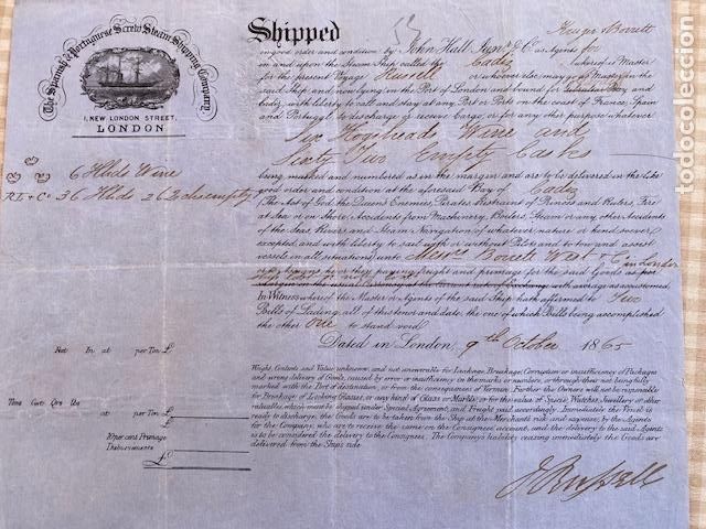 L&iacute;neas de navegaci&oacute;n: Conocimiento de Embarque.1865. Londres a Cadiz. Vapor London- The Spanish Portuguese Steam Shipping