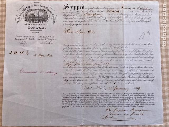Navigation Lines: Conocimiento de Embarque.1869. Cadiz a Londres. Vapor Galicia. The Spanish Portuguese Steam Shipping