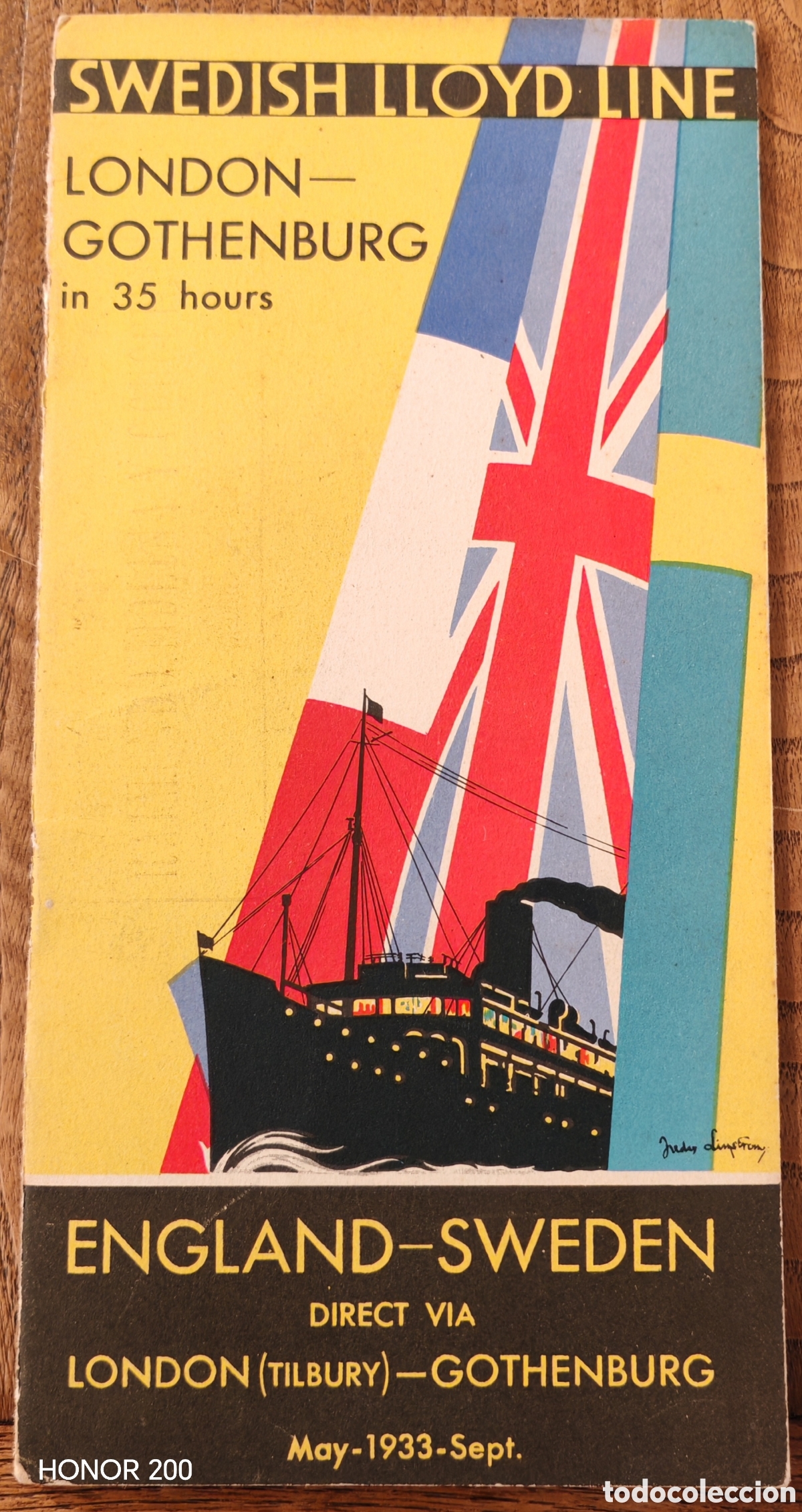 L&iacute;neas de navegaci&oacute;n: Folleto Vintage - Ruta Londres Gotemburgo en 35 horas - Freda Lingstr&ouml;m. A&ntilde;o 1933