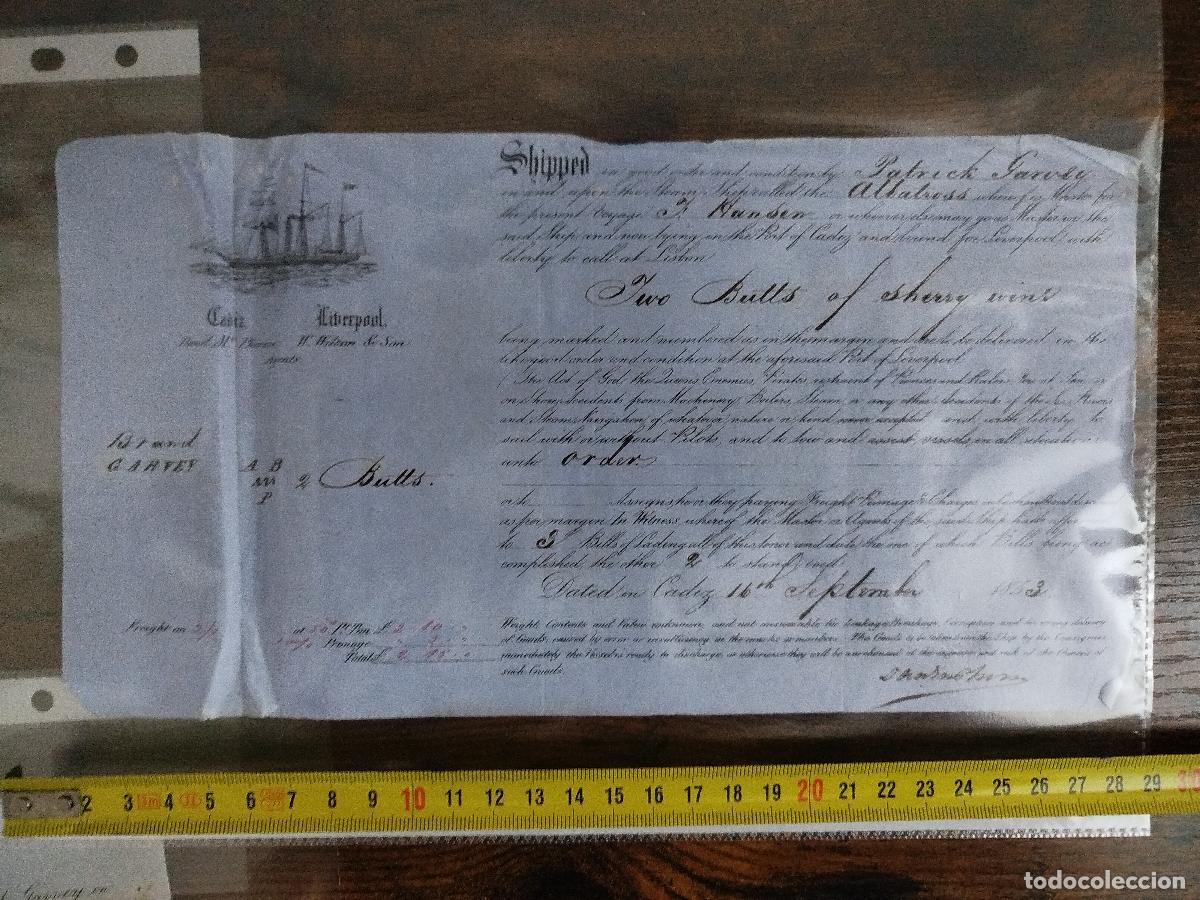 L&iacute;neas de navegaci&oacute;n: Conocimiento Embarque 1853 C&aacute;diz - Liverpool. Vapor Albatross. Bodegas Garvey. Vino de Jerez