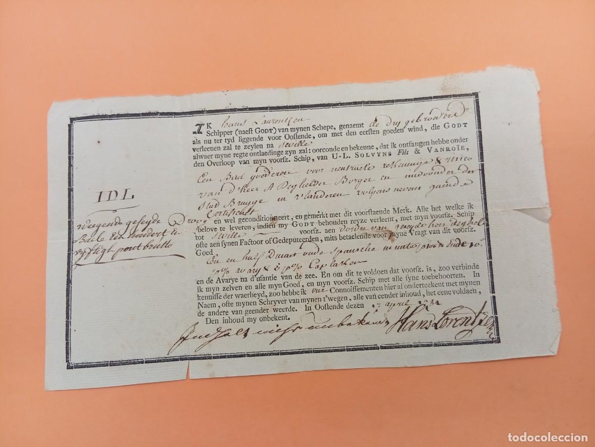 L&iacute;neas de navegaci&oacute;n: CONOCIMIENTO DE EMBARQUE. HOLANDA A SEVILLA. VER FOTO.