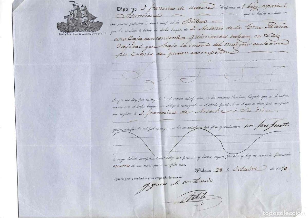 L&iacute;neas de navegaci&oacute;n: CONOCIMIENTO EMBARQUE BERGANTIN ASUNCION DE LA HABANA A BILBAO. CAJAS DE TABACO, 1870