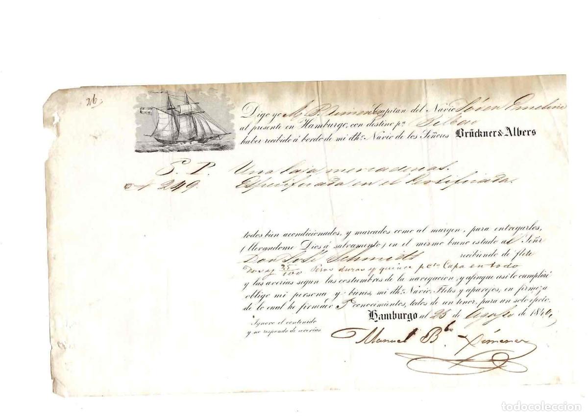 Navigation Lines: CONOCIMIENTO EMBARQUE DE HAMBURGO A BILBAO. MERCADERIAS PESAS DURAS. A&Ntilde;O 1840