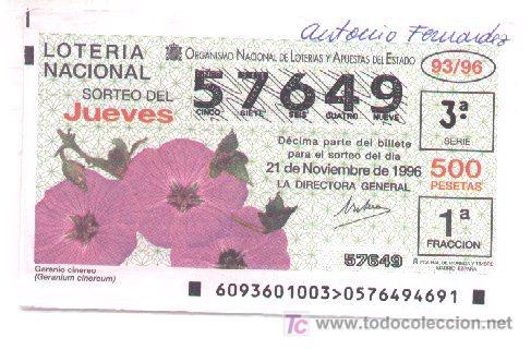 Loter&iacute;a nacional: 10-32. Loteria Jueves.  d&eacute;cimo sorteo 93/96