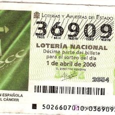 Lotería Nacional: LOTERÍA NACIONAL. 1 DE ABRIL DE 2006. ASOCIACIÓN ESPAÑOLA CONTRA EL CÁNCER.