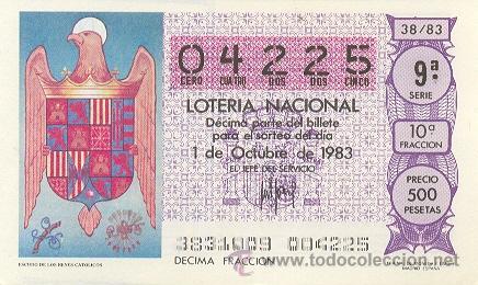 Loter&iacute;a Nacional: 9-83-38. Decimo Loteria sorteo 38 de 1983