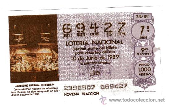 Loter&iacute;a nacional: FACSIMIL DE D&Eacute;CIMO N&ordm; 69427 DE LA LOTER&Iacute;A NACIONAL DEL 10 DE JUNIO DE 1989 (AUDITORIO NACIONAL)