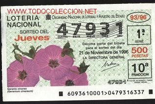 Loter&iacute;a Nacional: loter&iacute;a nacional de los jueves - a&ntilde;o 1996