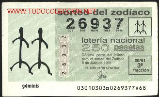 Loter&iacute;a Nacional: loter&iacute;a del zodiaco a&ntilde;o 91 - sorteo 30, g&eacute;minis