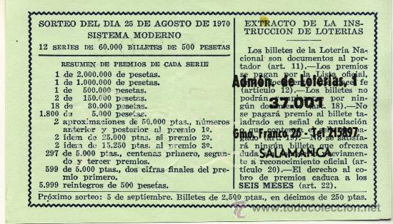 Loterie Nationale: COLECCIONISMO POR ADMINISTRACIONES. ADMON. 1 SALAMANCA