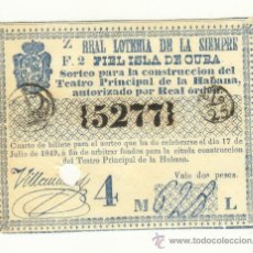 Lotería Nacional: AÑO 1849 EXCELENTE BILLETE DE LOTERÍA DE LA ISLA DE CUBA ESPAÑOLA VALOR 2 REALES