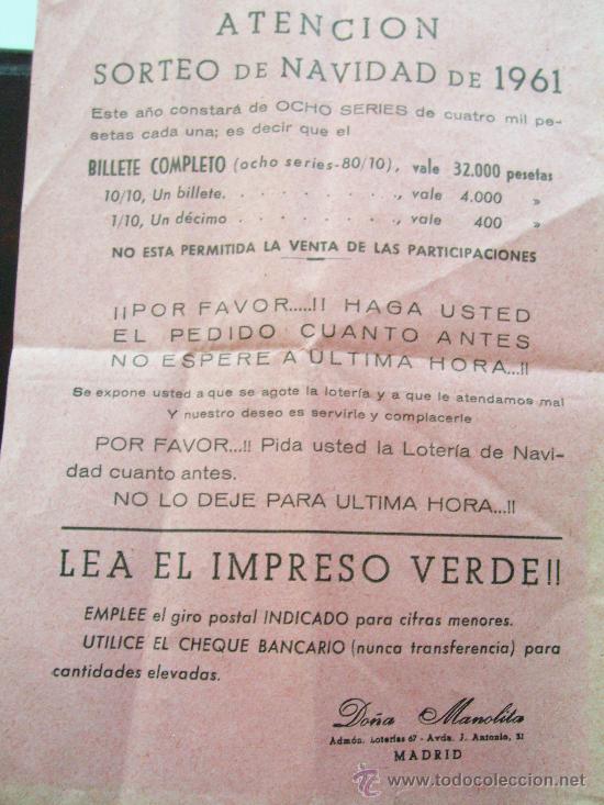 National Spanish Lottery: ATENCION SORTEO DE NAVIDAD DE 1961, PROPAGANDA LOTERIA DE DO&Ntilde;A MANOLITA
