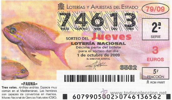 Lotaria Nacional: 1 DECIMO LOTERIA DEL JUEVES --- 1 OCTUBRE 2009 --- 79/09 --- FAUNA --- TRES COLAS