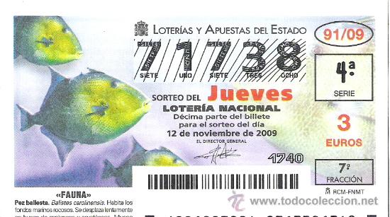 Lotaria Nacional: 1 DECIMO LOTERIA DEL JUEVES -- 12 NOVIEMBRE 2009 -- 91/09 --- FAUNA --- PEZ BALLESTA
