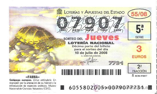 Lotaria Nacional: 1 DECIMO LOTERIA DEL JUEVES -- 10 JULIO 2008 -- 55/08 -- FAUNA -- GALAPAGO EUROPEO