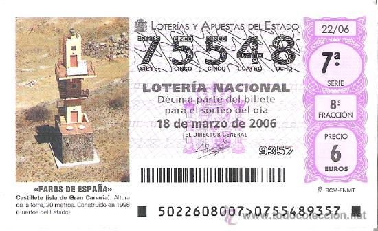 Nationale spanische Lotterie: 1 DECIMO LOTERIA DEL SABADO -- 18 MARZO 2006 -- 22/06 - FAROS DE ESPA&Ntilde;A - CASTILLETE (GRAN CANARIA)