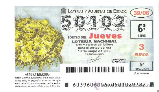 Lotaria Nacional: 1 DECIMO LOTERIA DEL JUEVES - 18 MAYO 2006 -- 39/06 - FAUNA MARINA ( RAPE )