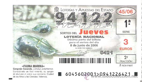 Lotaria Nacional: 1 DECIMO LOTERIA DEL JUEVES - 8 JUNIO 2006 -- 45/06 - FAUNA MARINA ( CANGREJO CACEROLA )